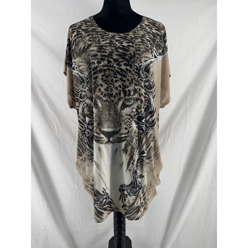 Aronia Women 3XL Animal Print Rhinestone Leopard Tunic Top Brown Cheetah 6088